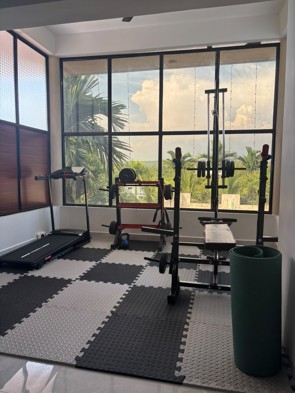 Gym with a treadmill, weight rack and cable pulley station on interlocking floor mats